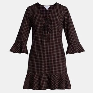 TIME & TRU Plaid Tie Front Mini Dress XXXL (22W) Black Red Bell Sleeves 3XL NWT